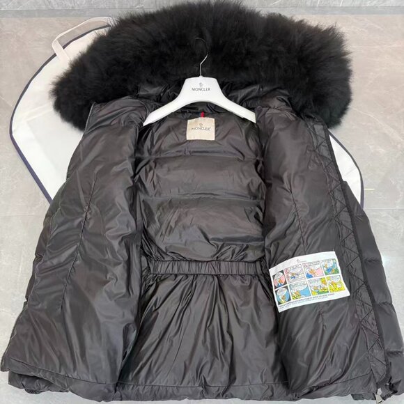 Moncler Black Down Coat - Plush Fur Hood, Waist Belt, Stylish Winter Outerwear - Picture 3 of 8